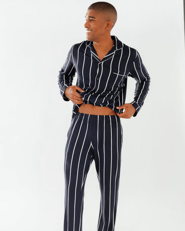 Men's Navy Stripe Button Up Long Pyjama Set